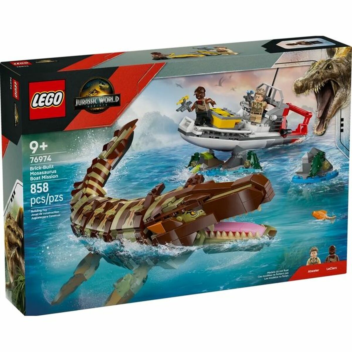 Set de construction Lego 76974 Jurassic World : Brick - Built Mosasaurus Boat Mission 858 Pièces - Babycute