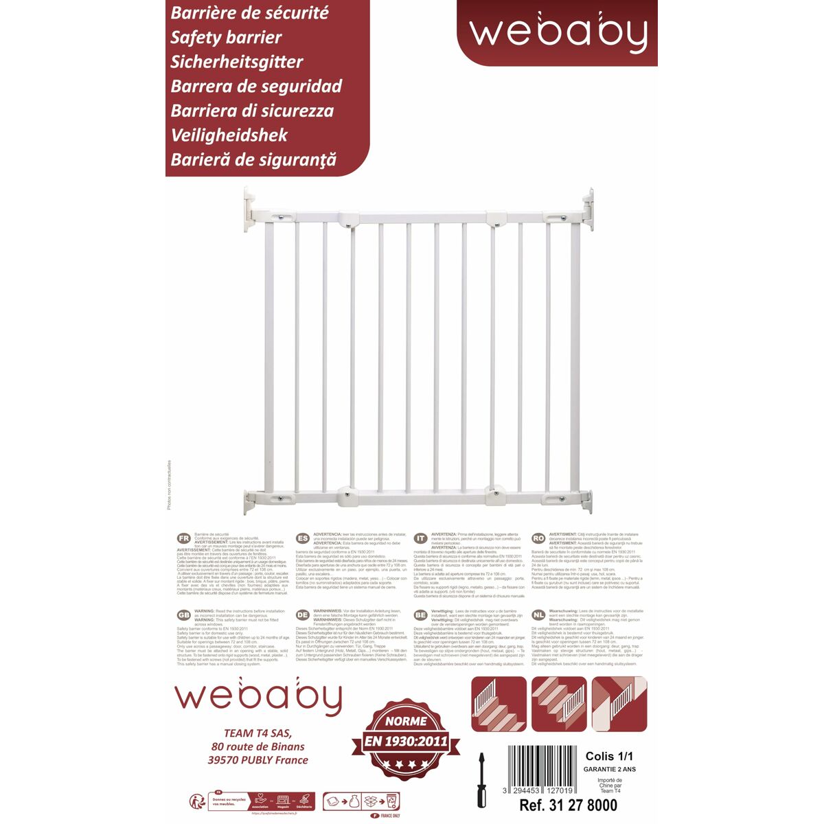 Barrière de sécurité WEBABY NONO Blanc 72 - 108 cm - Babycute
