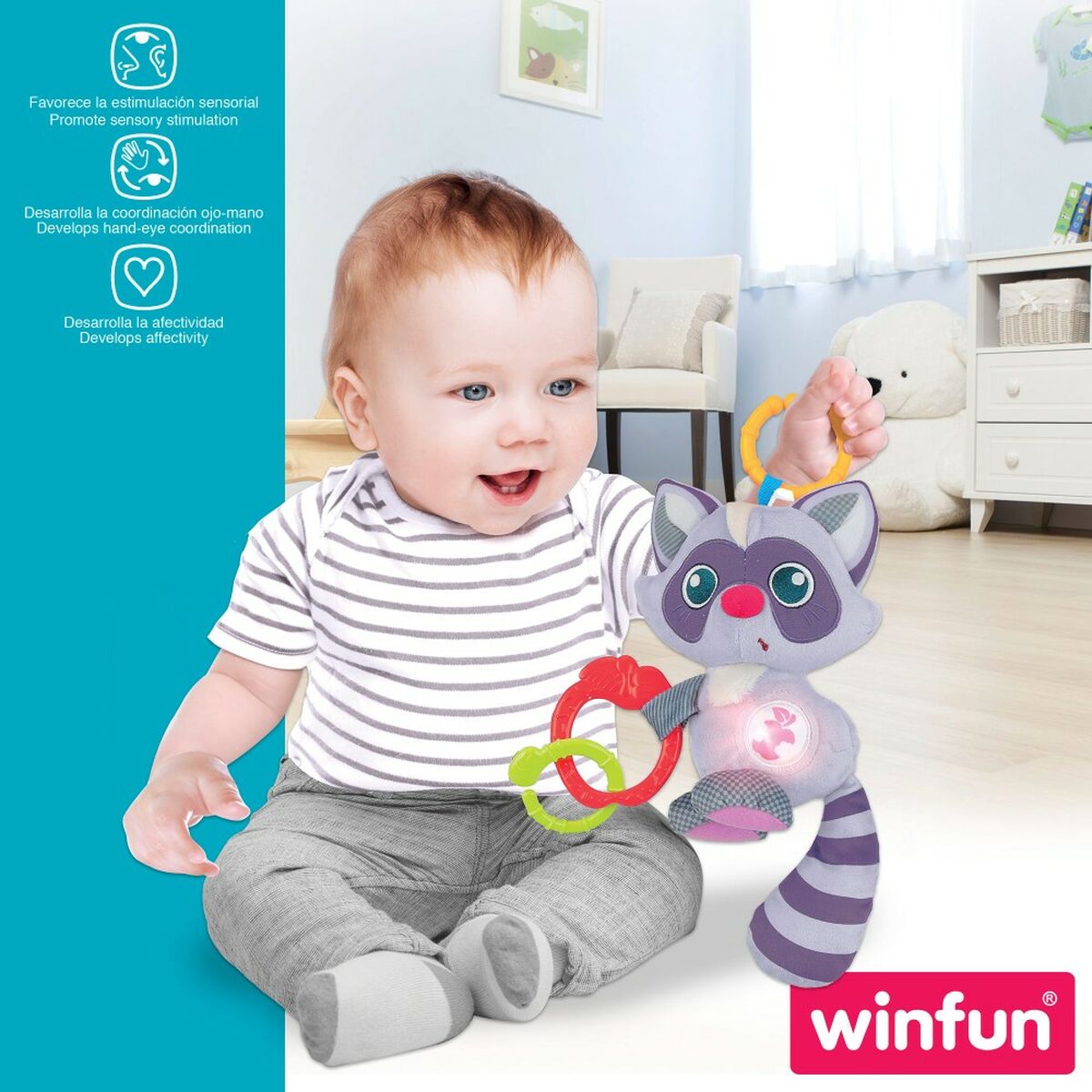 Peluche Hochet Winfun Raton laveur 14,5 x 20 x 9,5 cm (6 Unités) - Bébé, Jouets pour la petite enfance premium pour bébé